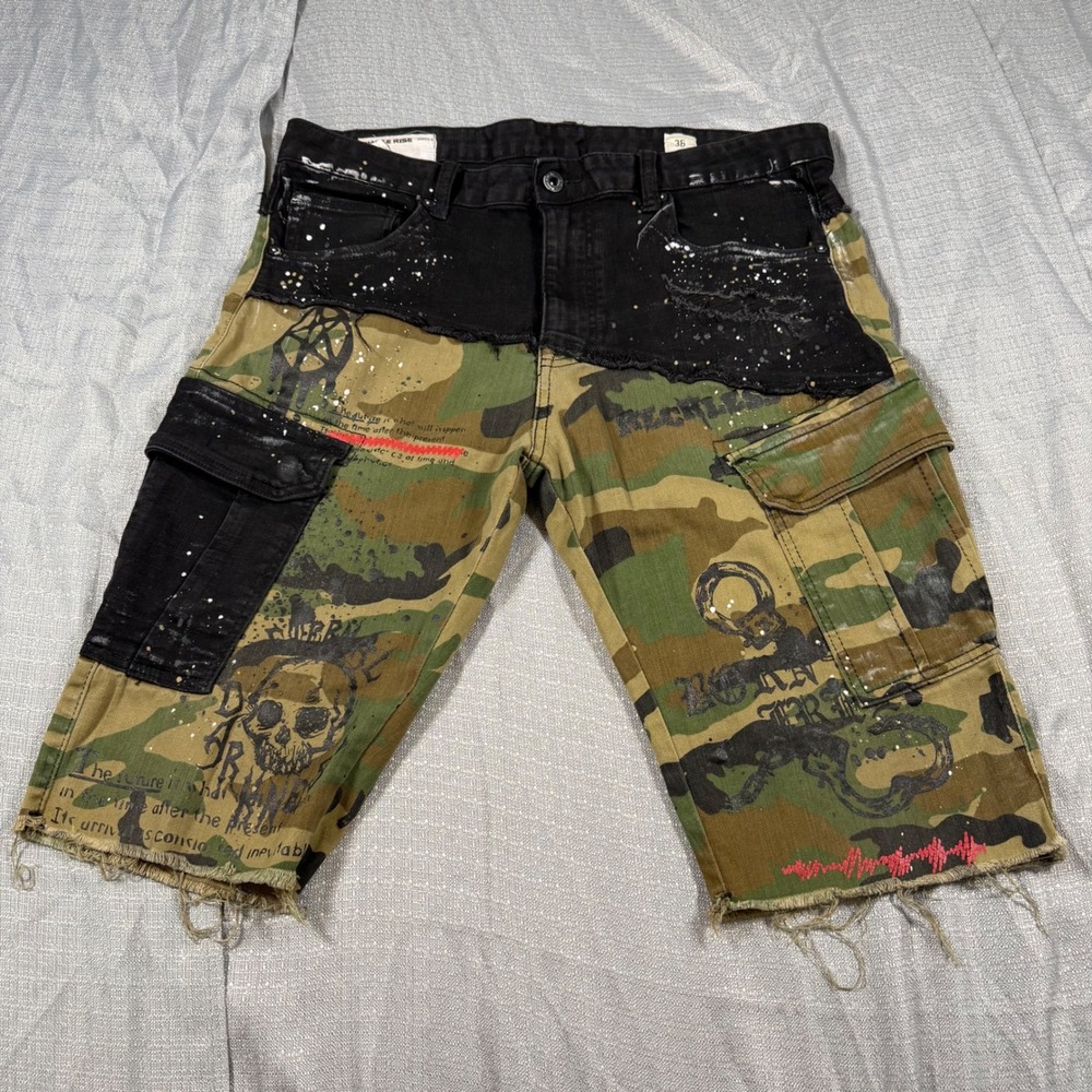 Smoke Rise Cargo Shorts Mens 36 Camo Black Denim Hybrid Graphic Streetwear